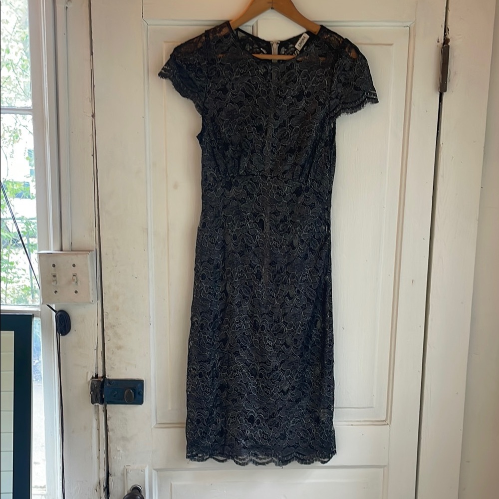 L'AGENCE Black Lace Midi Dress with Silver Threading